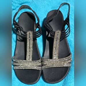 Kelly and Katie Black Womens Wedge Sandals With Rhinestone Straps, Size 8 1/2